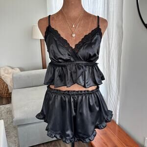 Free People Intimately Two-Piece Black Satin Sleepwear Set Ruffle Trim Large
